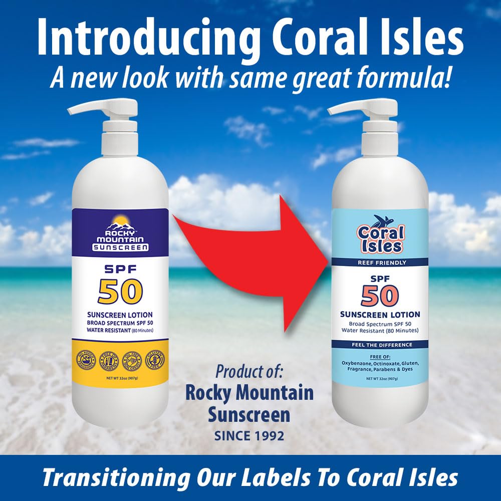 Rocky Mountain Sunscreen Coral Isles label closeup highlighting reef-friendly formula.