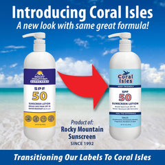 Rocky Mountain Sunscreen Coral Isles label closeup highlighting reef-friendly formula.