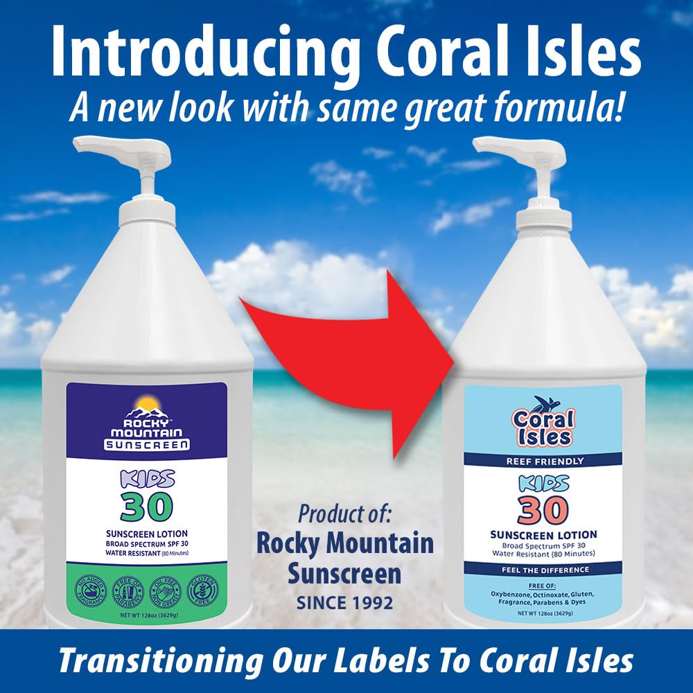 Rocky Mountain Sunscreen Kids SPF 30 lotion close-up packaging highlights reef-safe formulation.