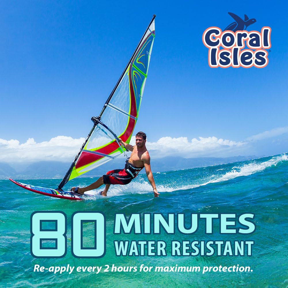 Coral Isles sunscreen showing 80-minute water resistance for outdoor activities