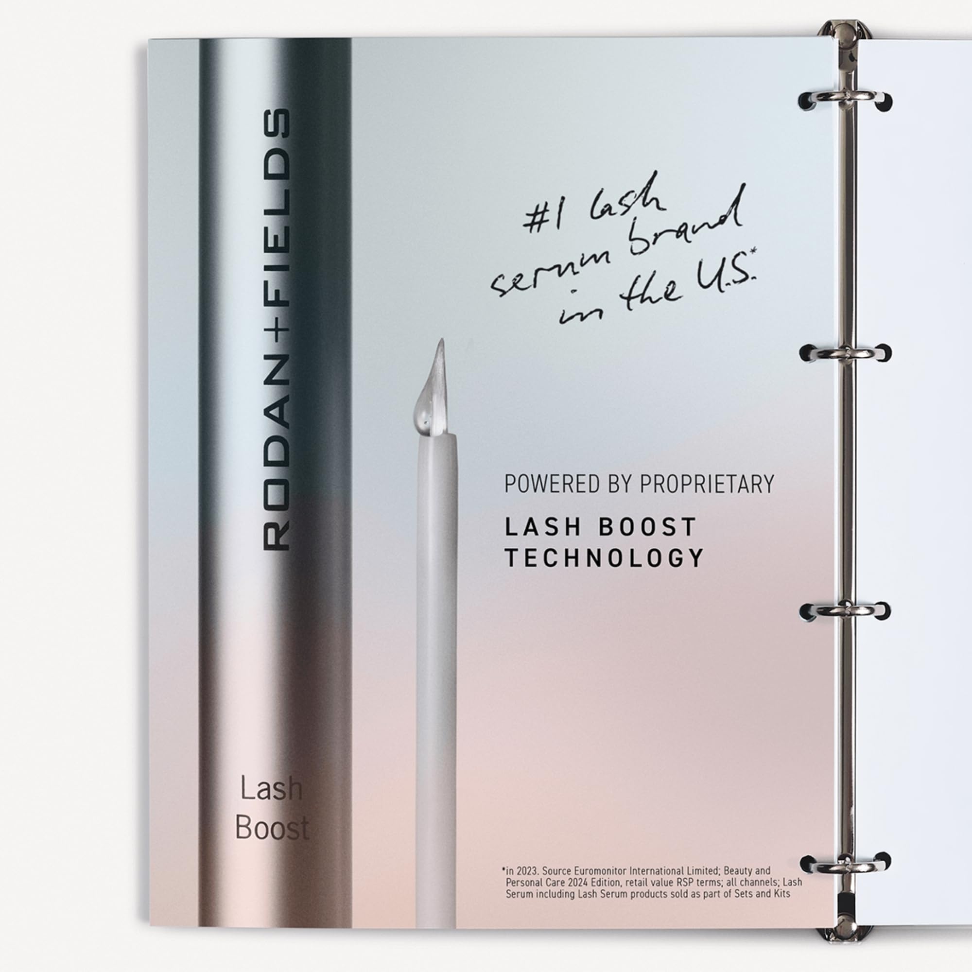 Rodan + Fields Lash Boost Serum swatch near the eye area hints at gentle, conditioning action.