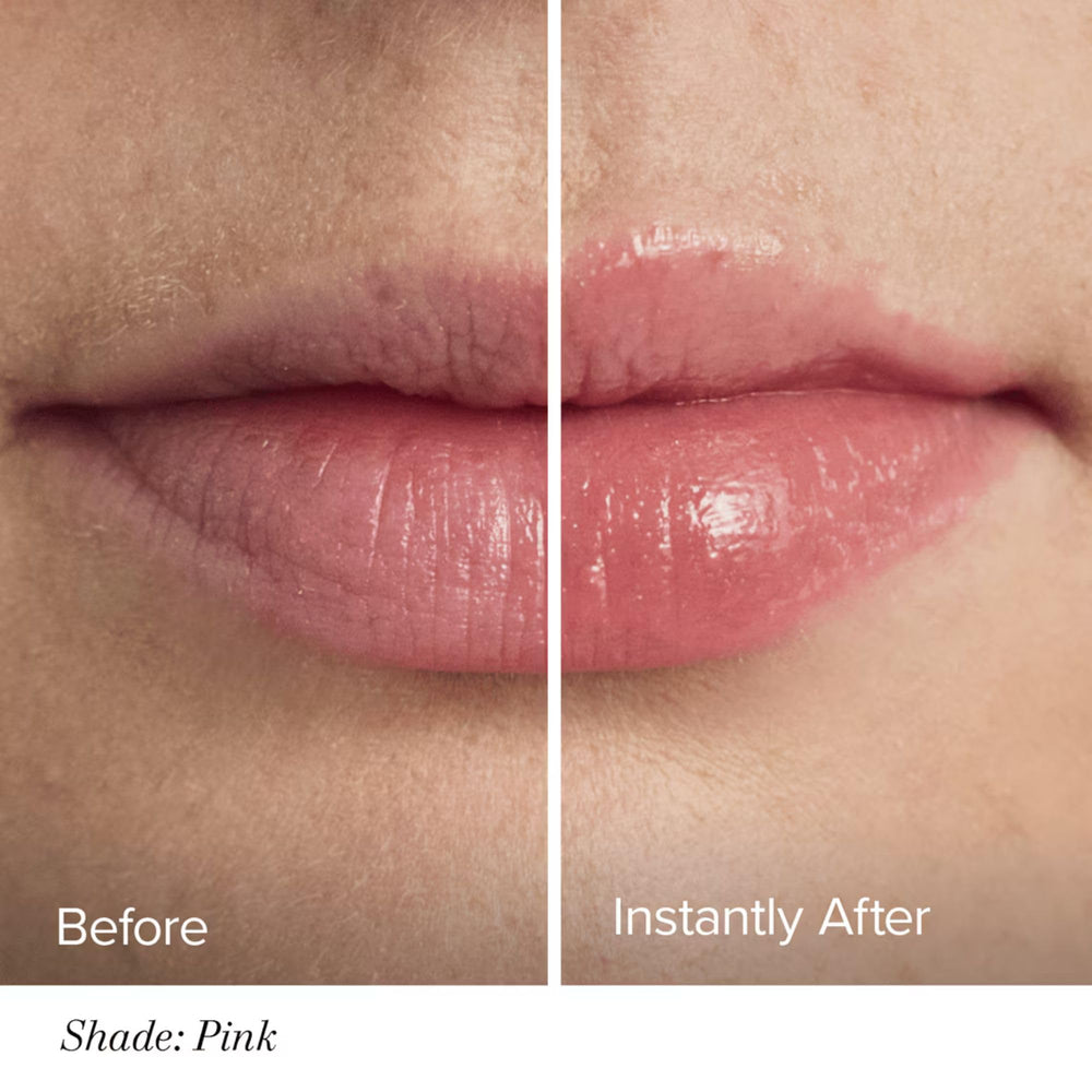 RODAN + FIELDS lip oil on desk suggests daily hydration and sun protection.