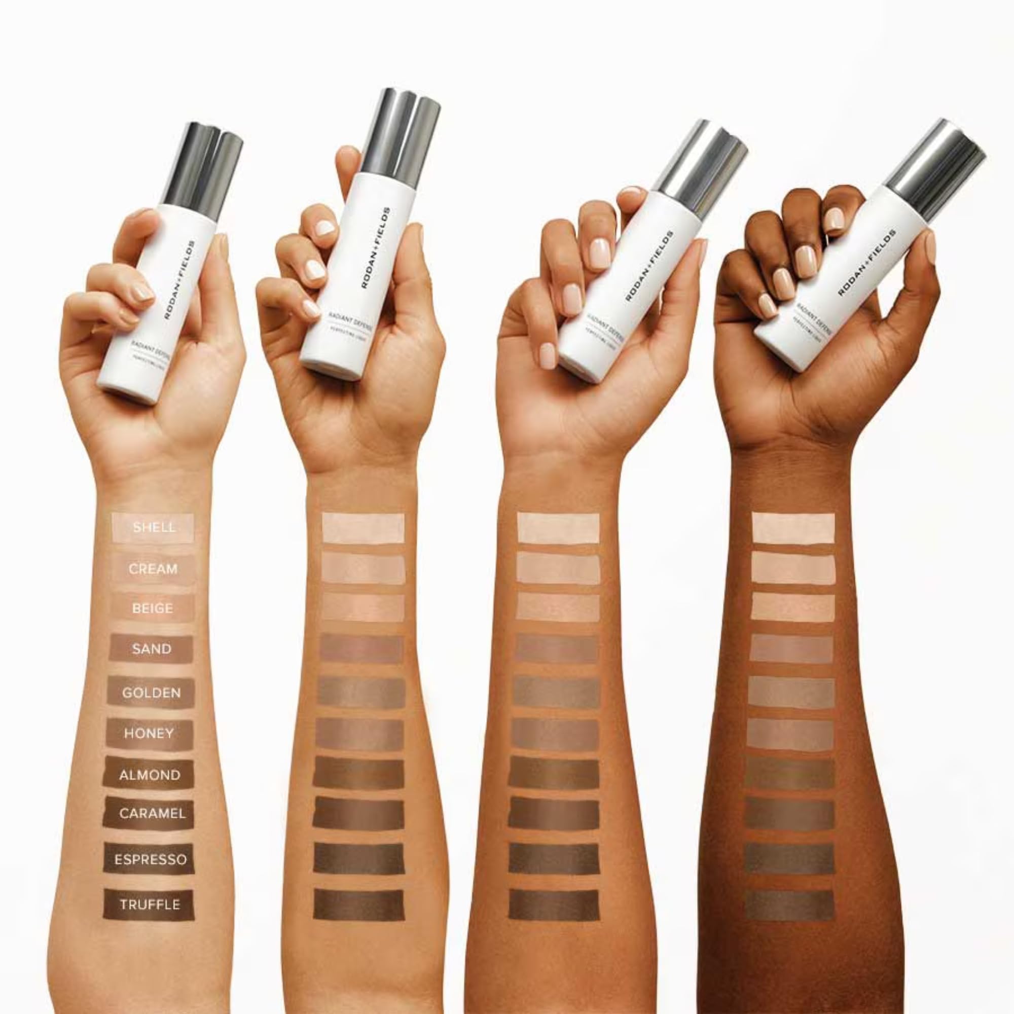 Rodan + Fields Radiant Defense swatch on skin showing natural beige shade blend.