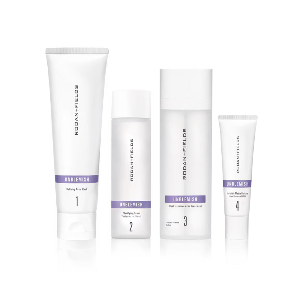 Rodan + Fields Unblemish cleanser bottle closeup for refreshed, clear-looking skin.