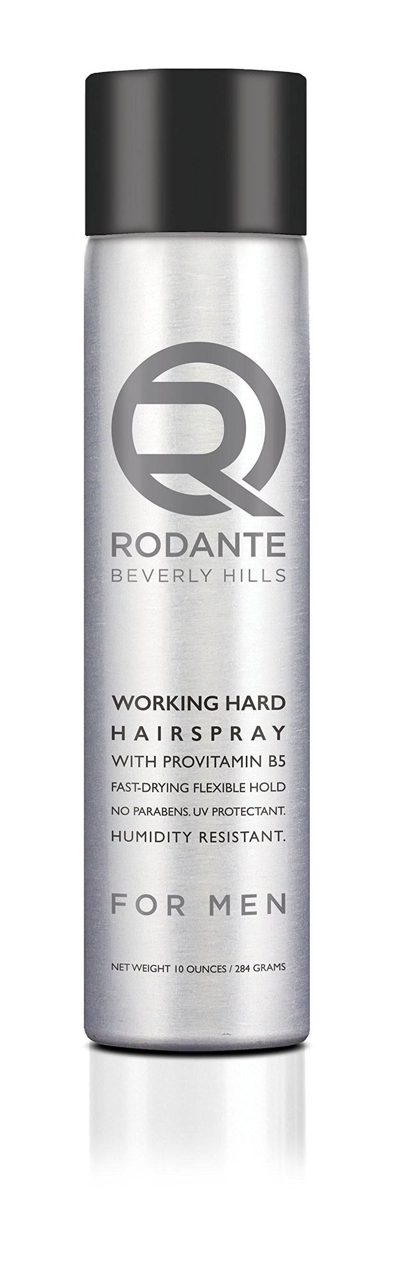 Rodante Beverly Hills Hair Spray bottle demonstrates medium hold for fine hair.