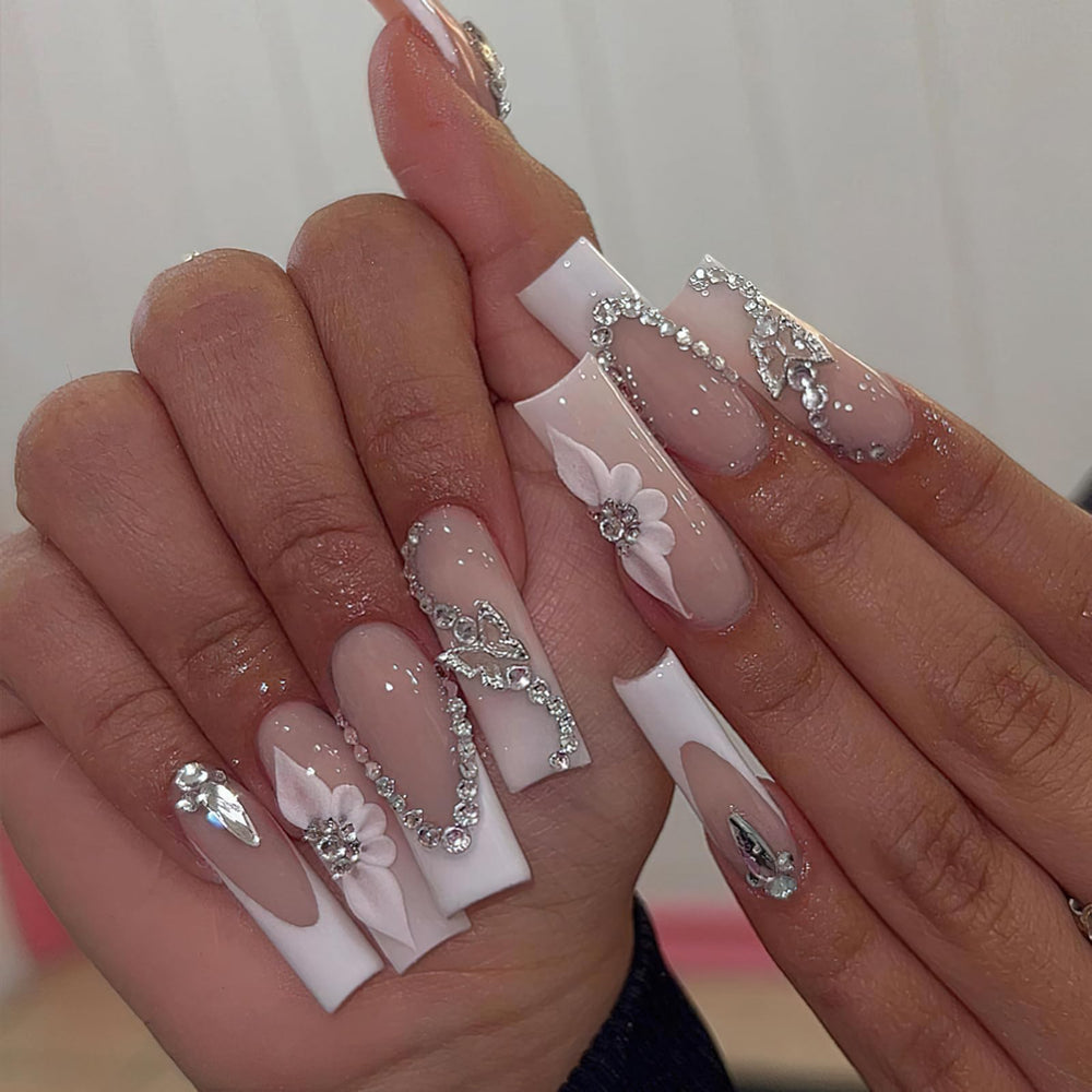 ROFIBUT French tip press-on nails long square white tip for chic manicure