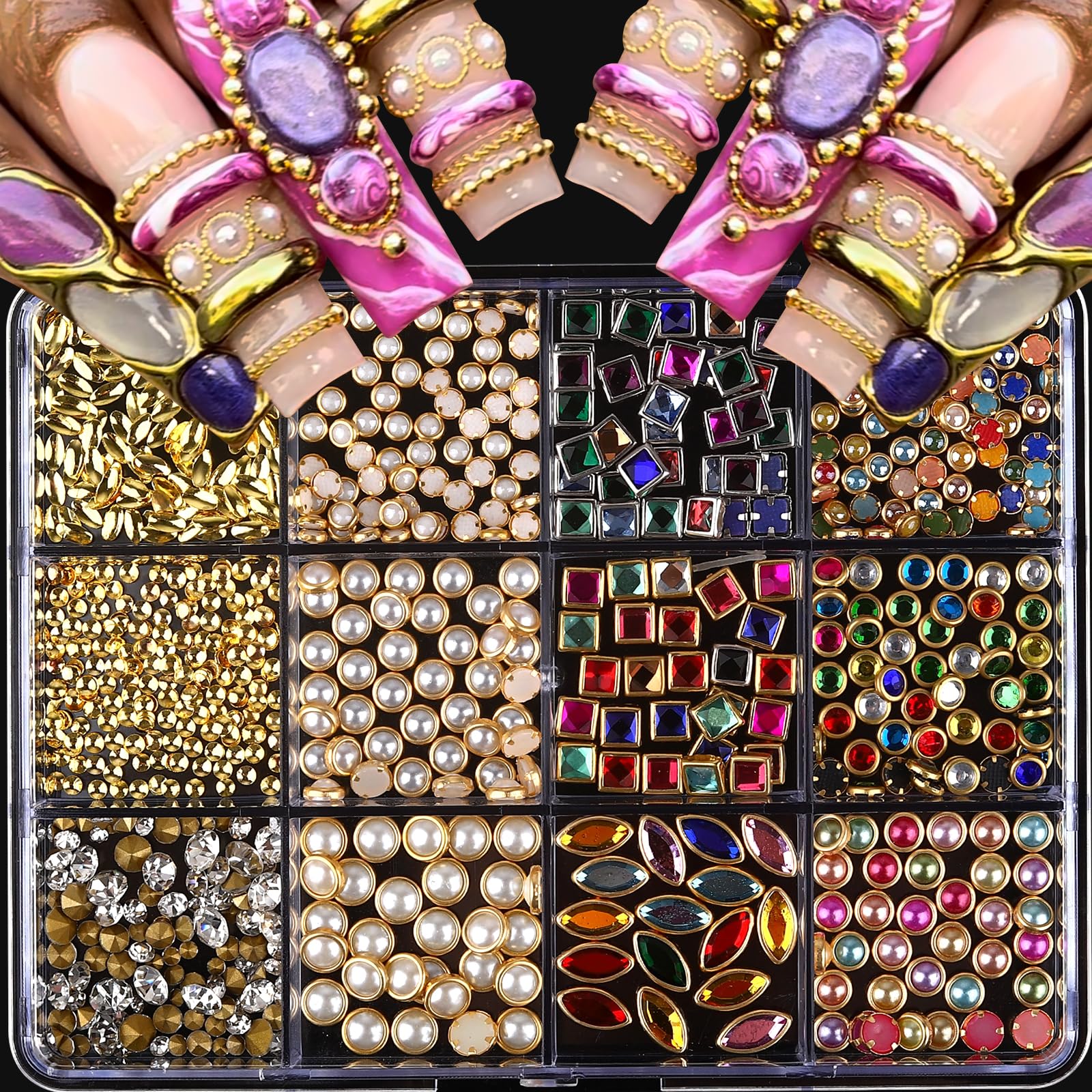 ROFIBUT Luxury 3D nail charms in a 12-grid set for chic, long-lasting nail art.