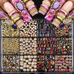 ROFIBUT Luxury 3D nail charms in a 12-grid set for chic, long-lasting nail art.
