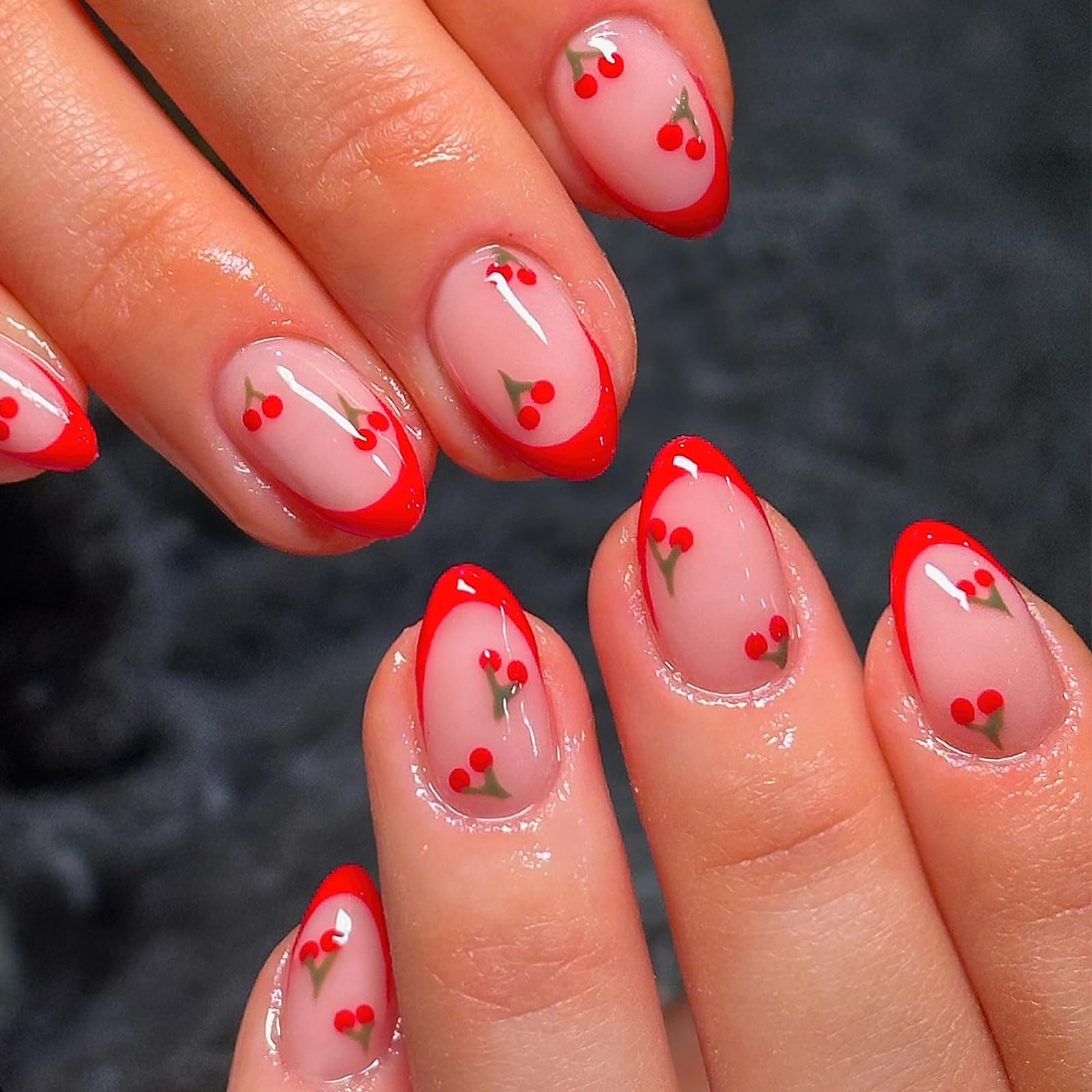 rofibut red cherry french tip nails offer a glossy home manicure