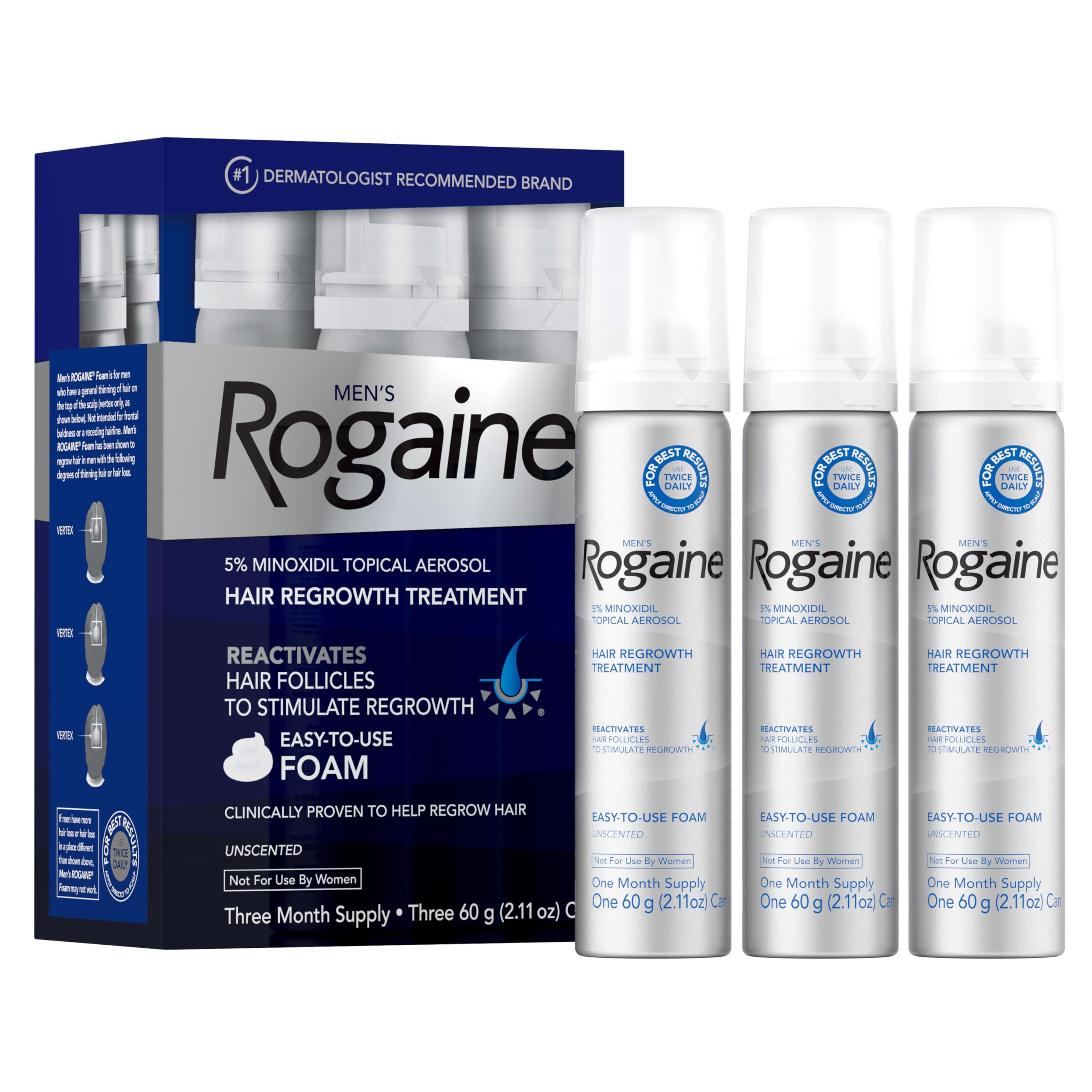 Rogaine 5% foam bottle demonstrates quick-absorbing treatment for thinning hair.