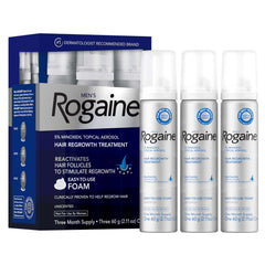 Rogaine 5% foam bottle demonstrates quick-absorbing treatment for thinning hair.