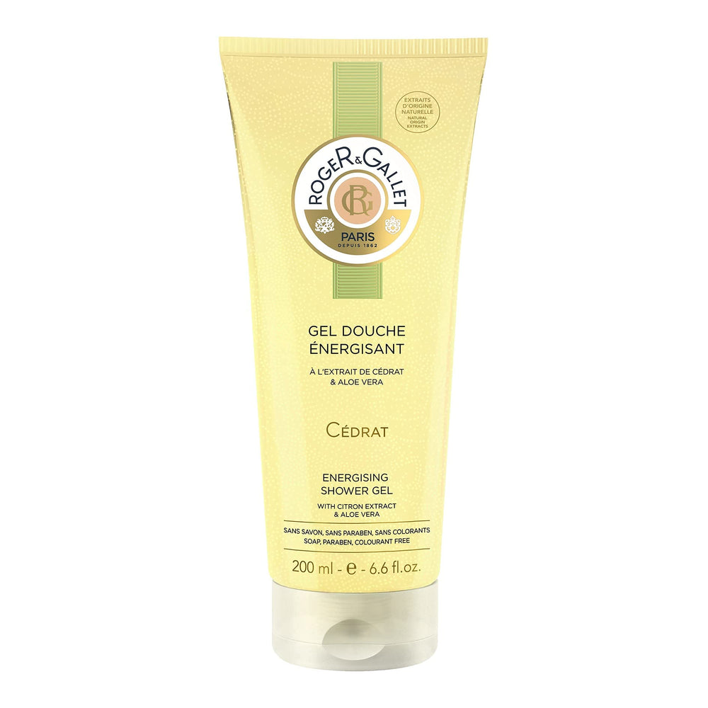 Roger & Gallet Citron bottle pour reveals a crisp citrus scent for a refreshing shower.