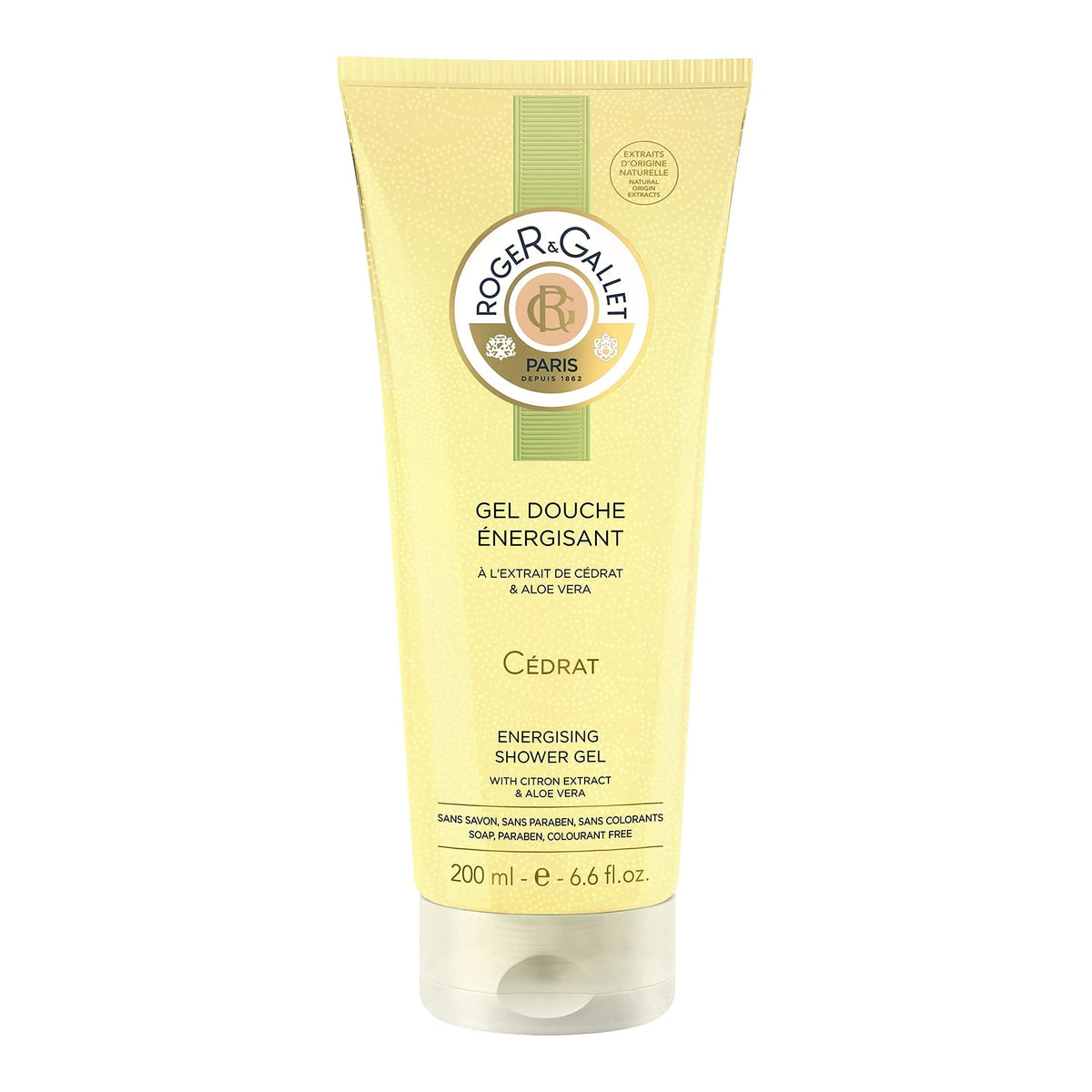 Roger & Gallet Citron bottle pour reveals a crisp citrus scent for a refreshing shower.