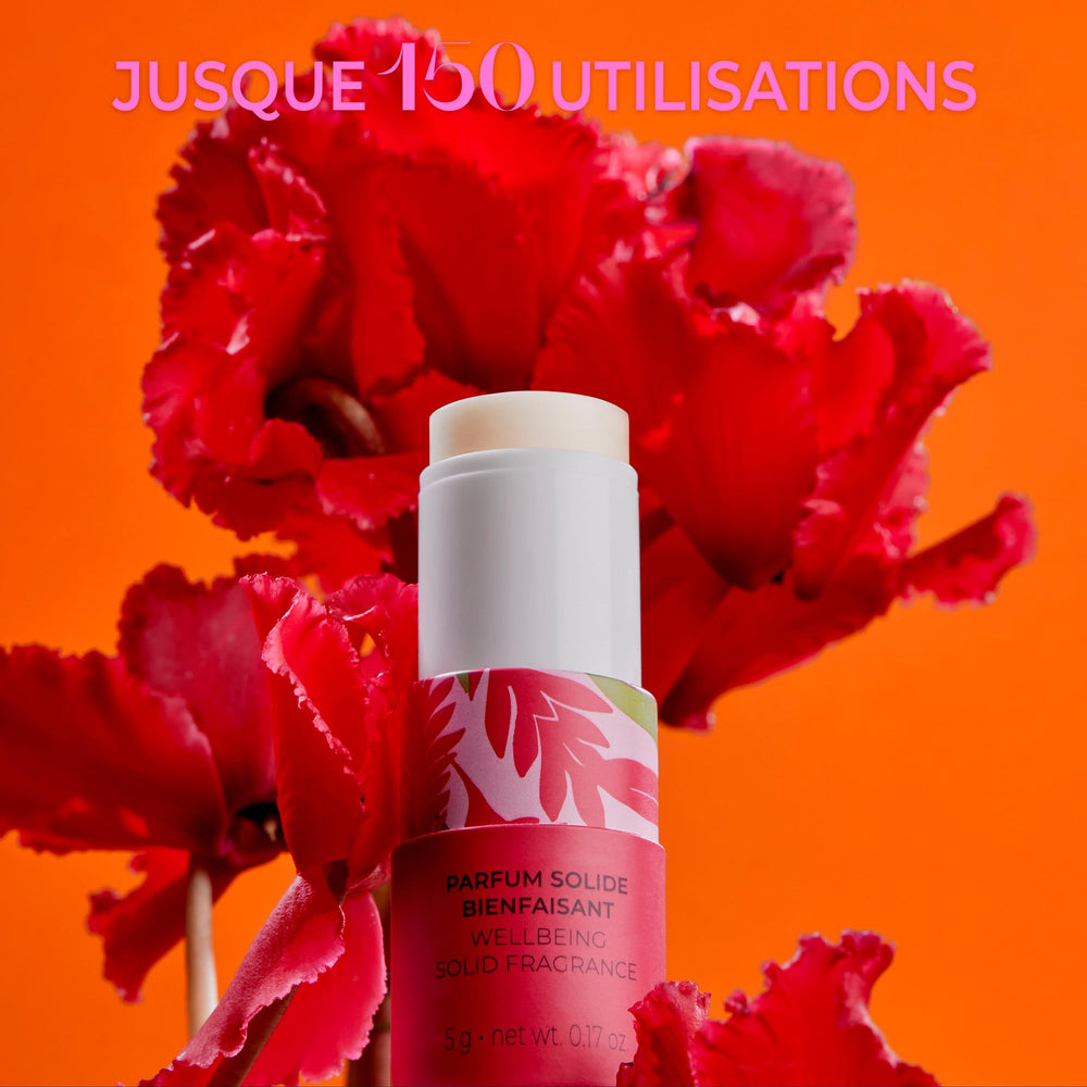 ROGER & GALLET Redgin rose oil-infused balm delivers soothing aroma near neck.