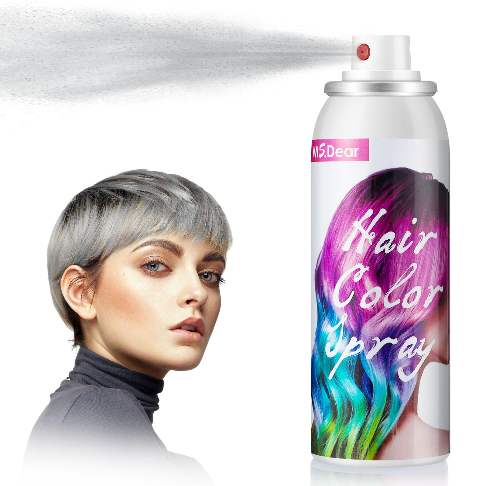 ROHVEMJ Gray Hair Spray Color bottle close-up showing vivid temporary color without commitment.