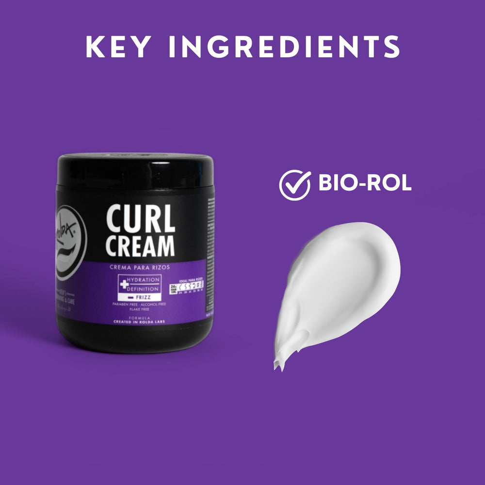 Rolda Curl Cream finish on curls provides subtle shine and soft hold.