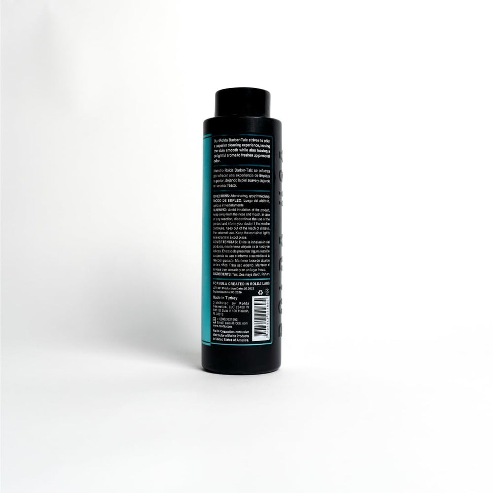 Rolda talc powder designed for professionals like barbers and grooming pros