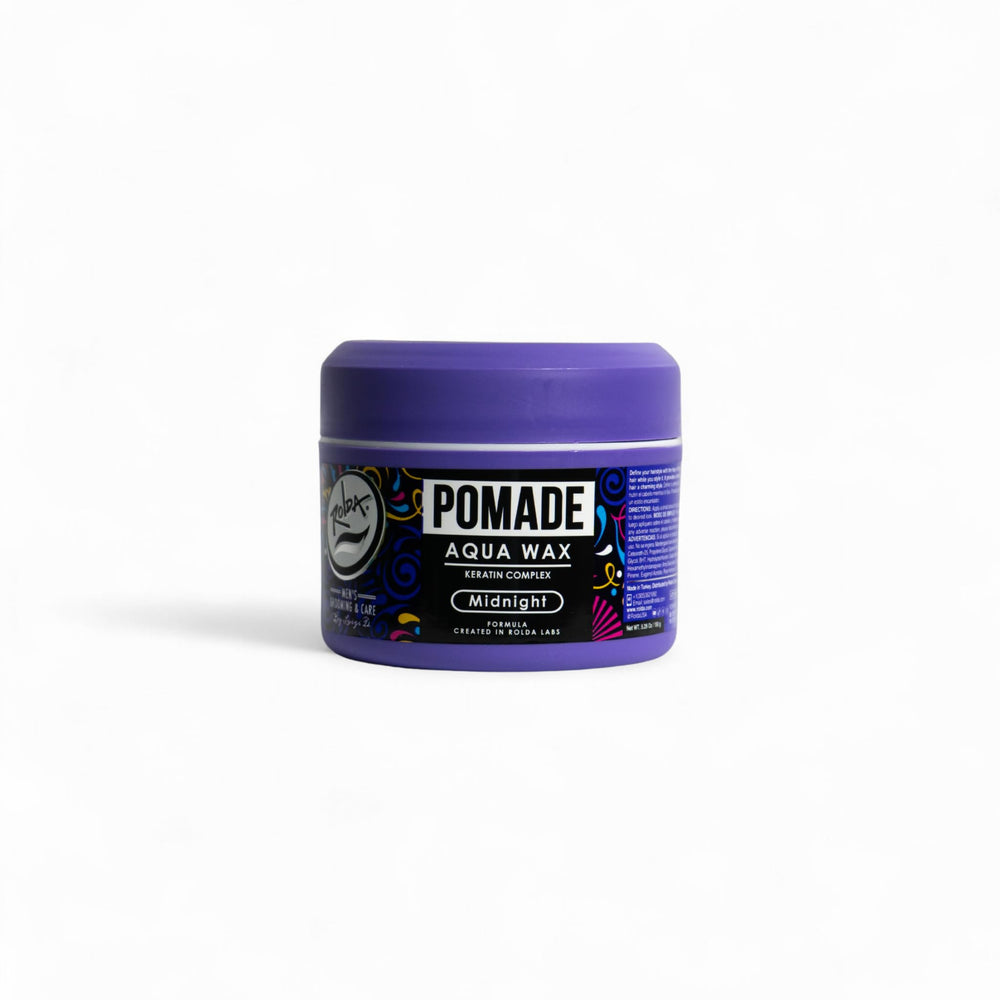 Rolda Midnight Hair Pomade bottle front shows a sleek water-based hold for daily styling