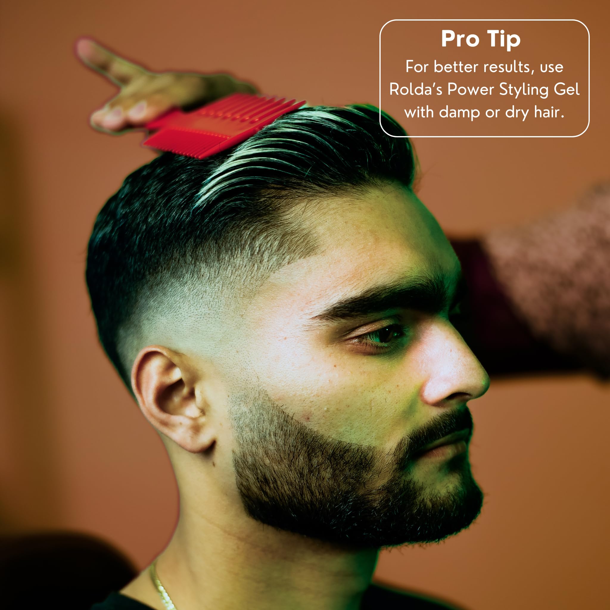 Rolda Power Styling Gel is water-based for shine and a smooth finish.