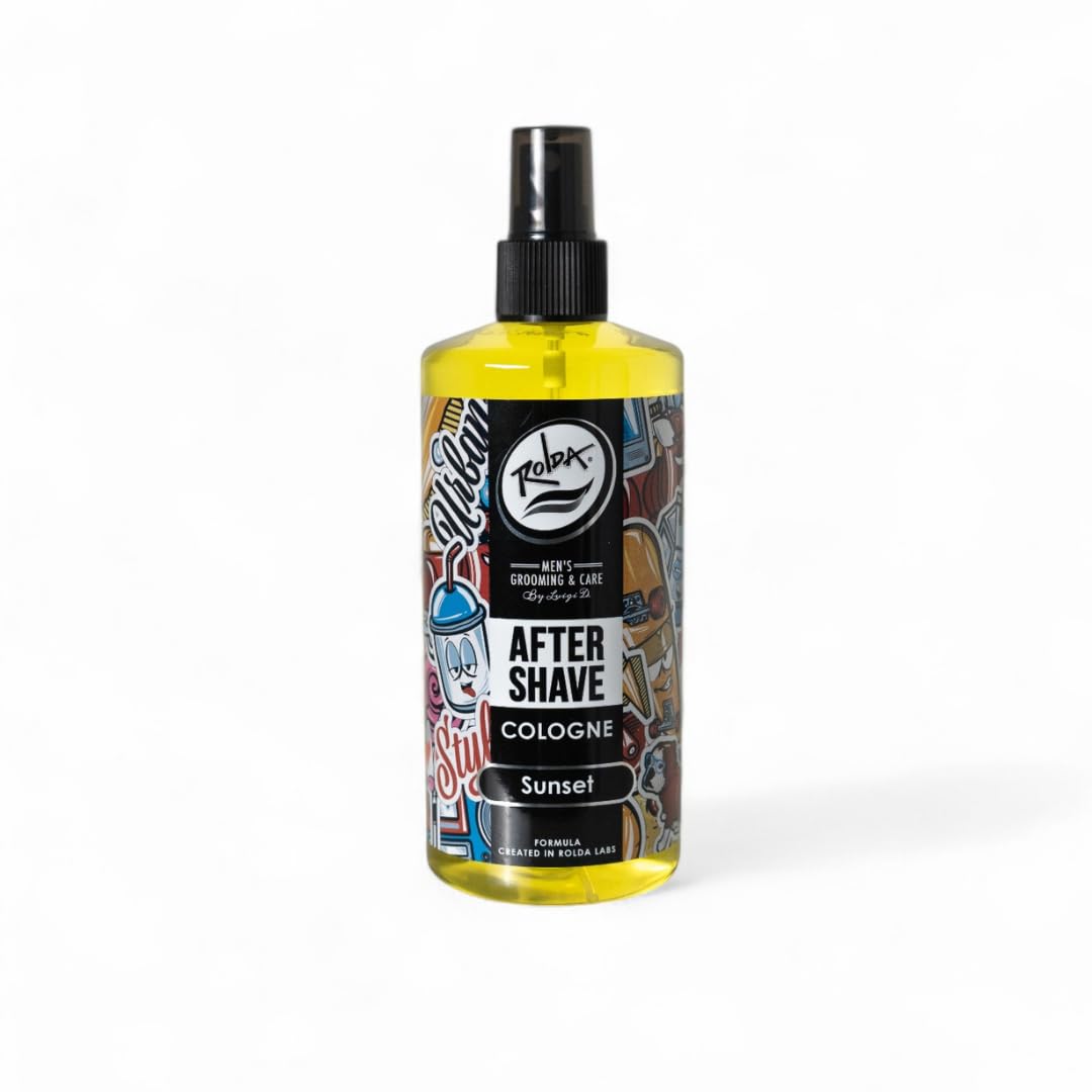 Rolda Sunset aftershave bottle on shelf calming post-shave irritation