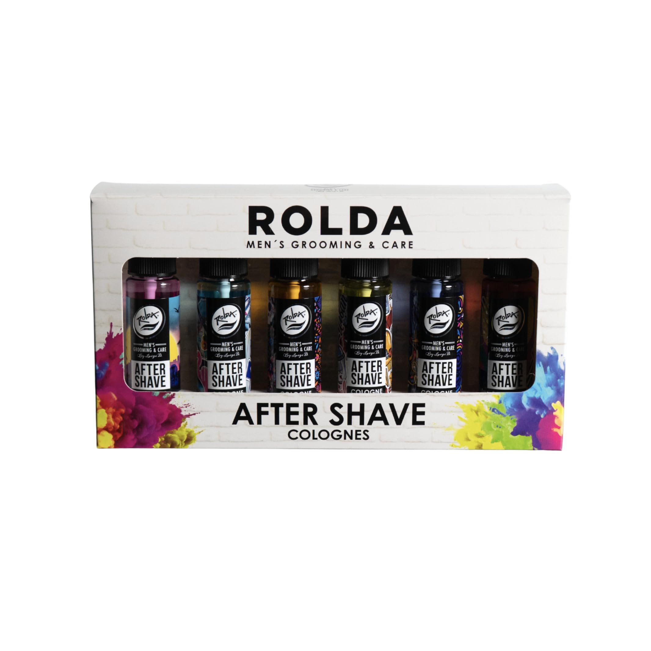 Rolda Urban Collection aftershave bottle showing six tonics for post-shave care.
