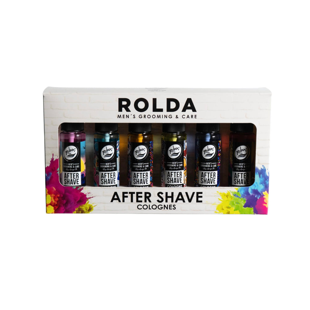 Rolda Urban Collection aftershave bottle showing six tonics for post-shave care.