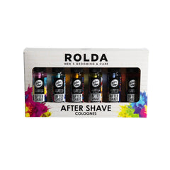 Rolda Urban Collection aftershave bottle showing six tonics for post-shave care.