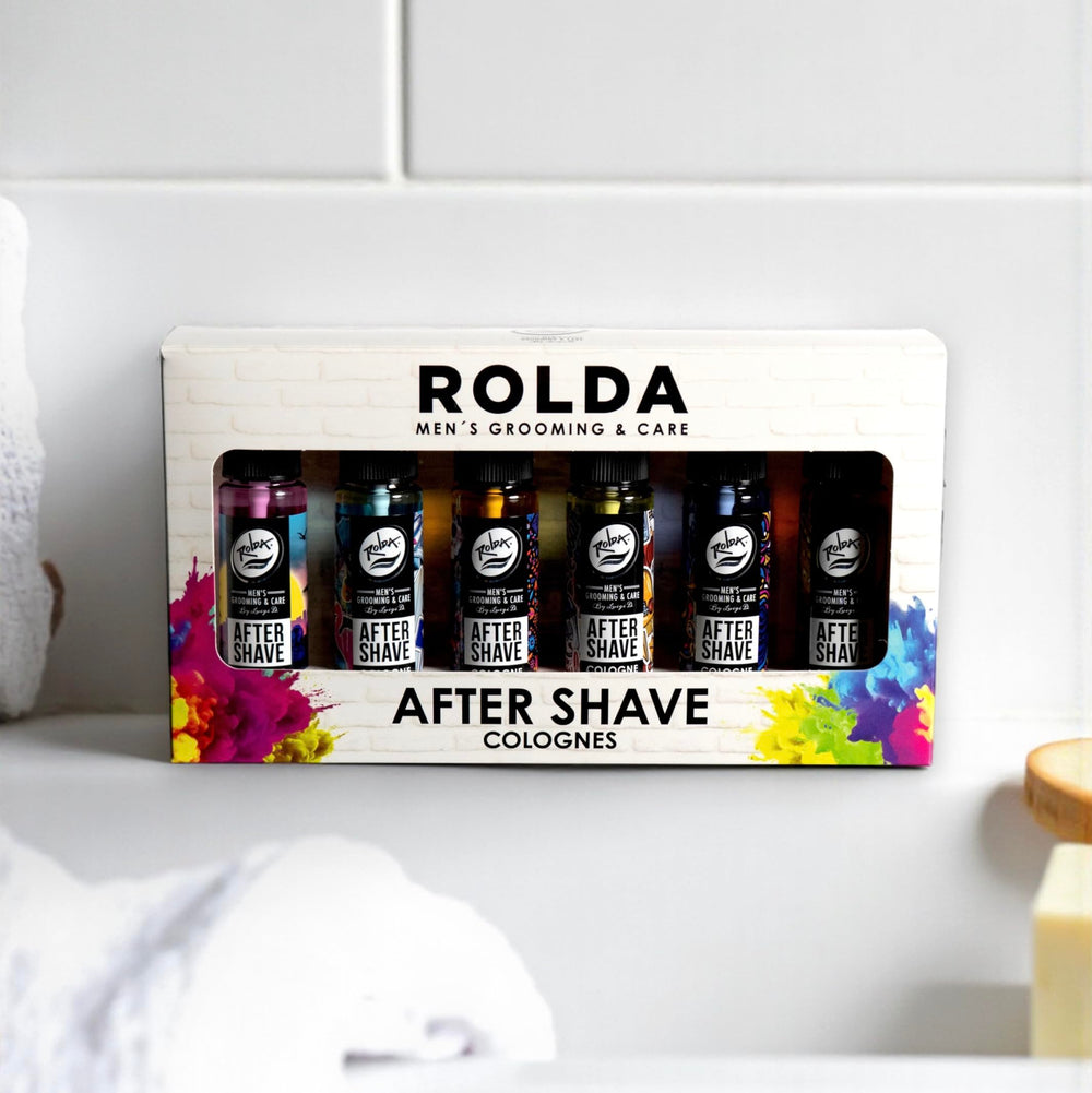 Close-up of the Rolda aftershave label highlighting masculine scent.