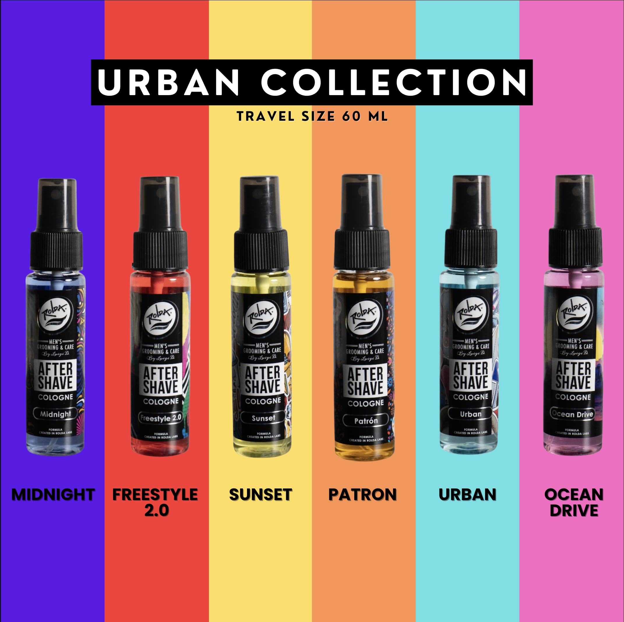Packaging display of Rolda Urban Collection aftershave with six full-size tonics.