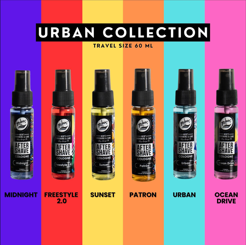 Packaging display of Rolda Urban Collection aftershave with six full-size tonics.