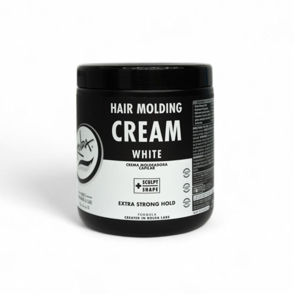 Rolda White Molding Hair Cream bottle shows premium hold for all day styling
