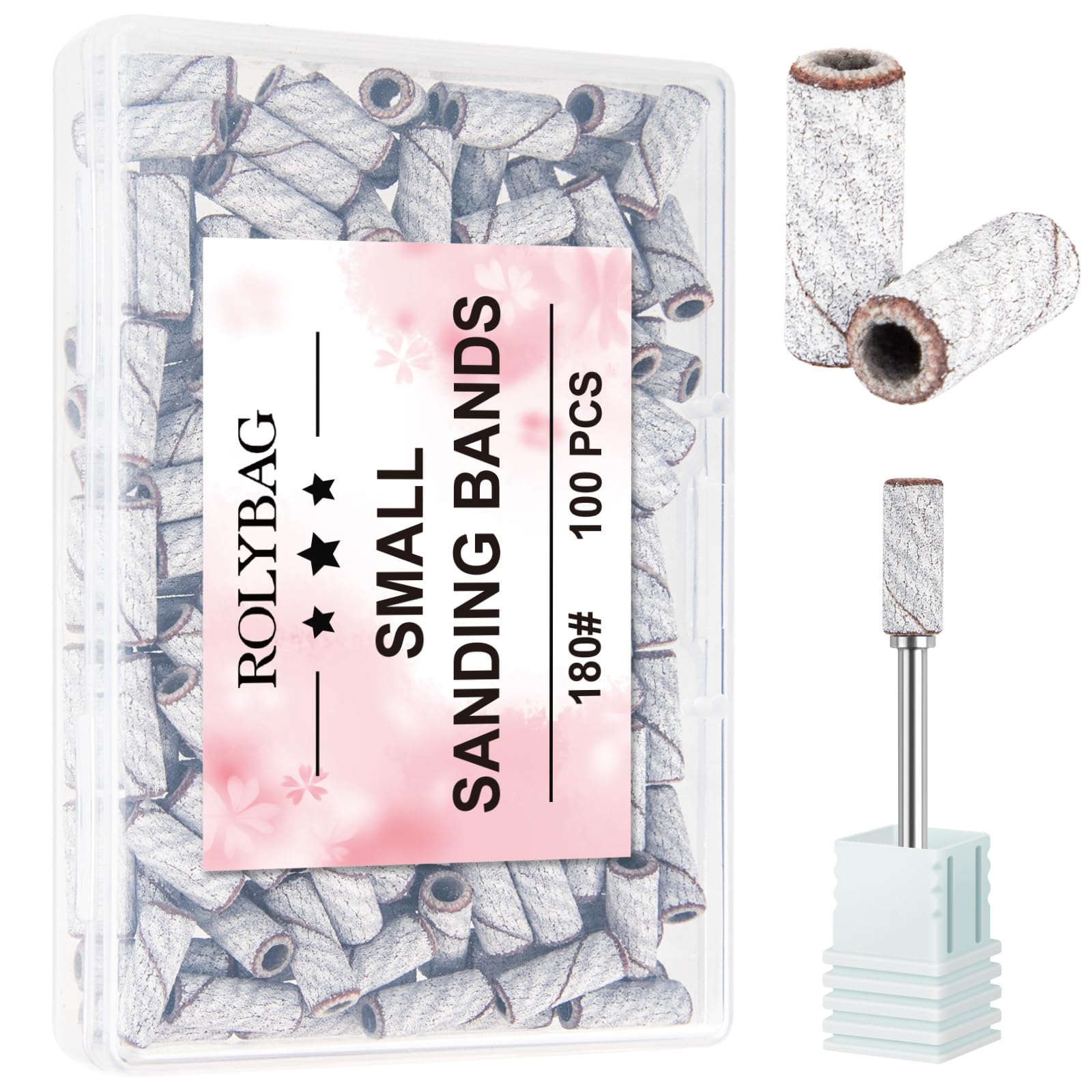 Rolybag 100pcs sanding bands in zebra case for organized nail prep.