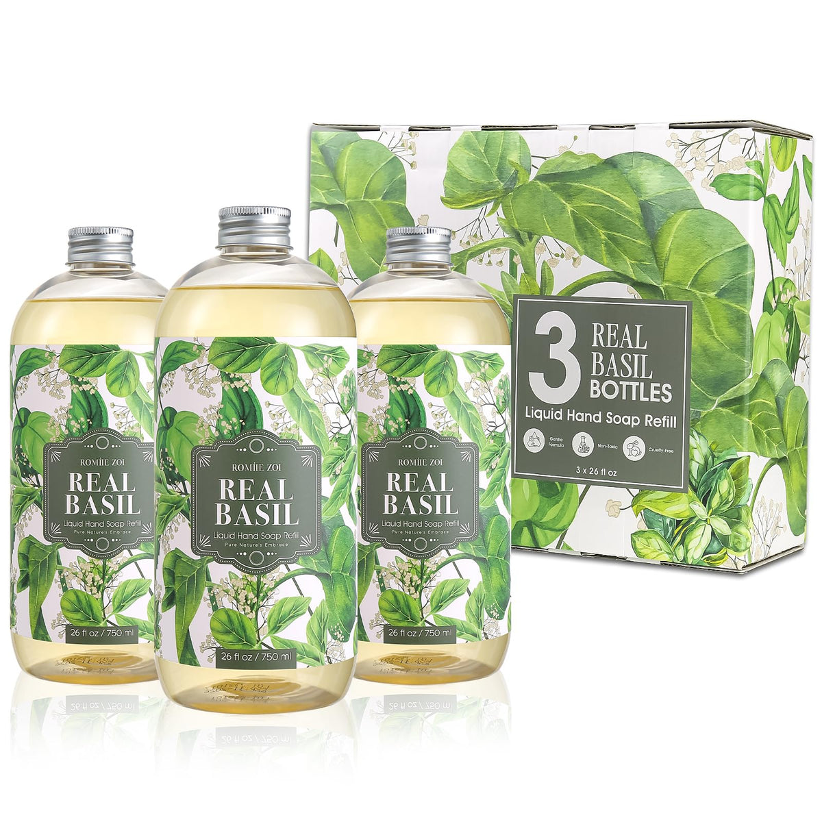 ROMIIE ZOI Basil hand soap refill three-pack front view for kitchen and bathroom.