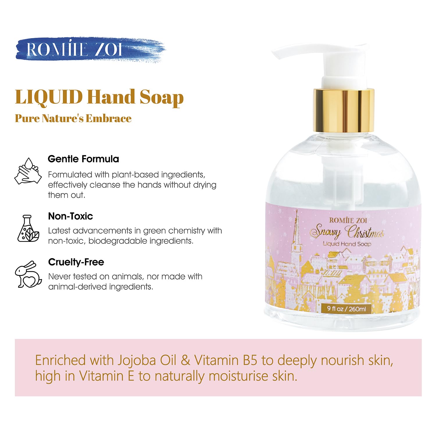 ROMIIE ZOI Holiday Magic hand soap bottle with Vitamin B5 for nourished skin.