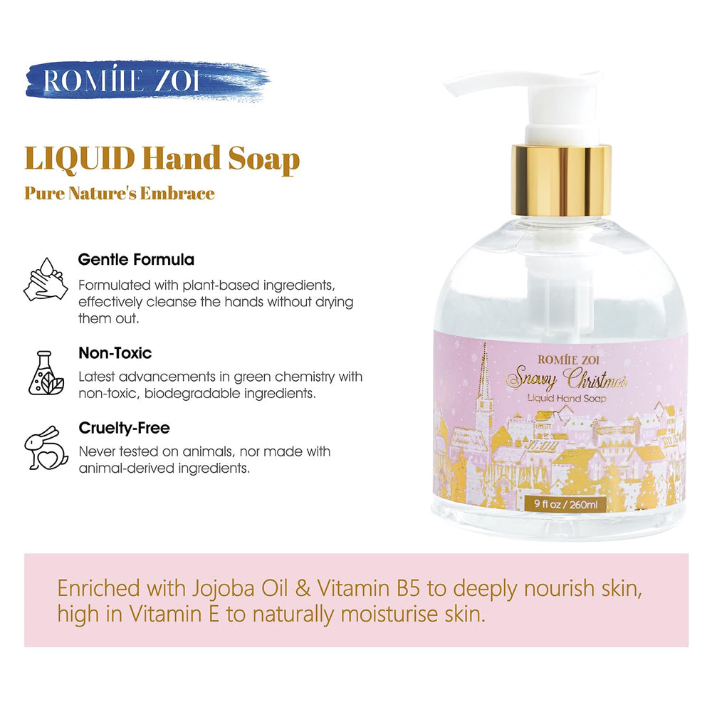 ROMIIE ZOI Holiday Magic hand soap bottle with Vitamin B5 for nourished skin.