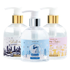 ROMIIE ZOI Christmas hand soap bottle with Silent Night label for gentle cleansing.