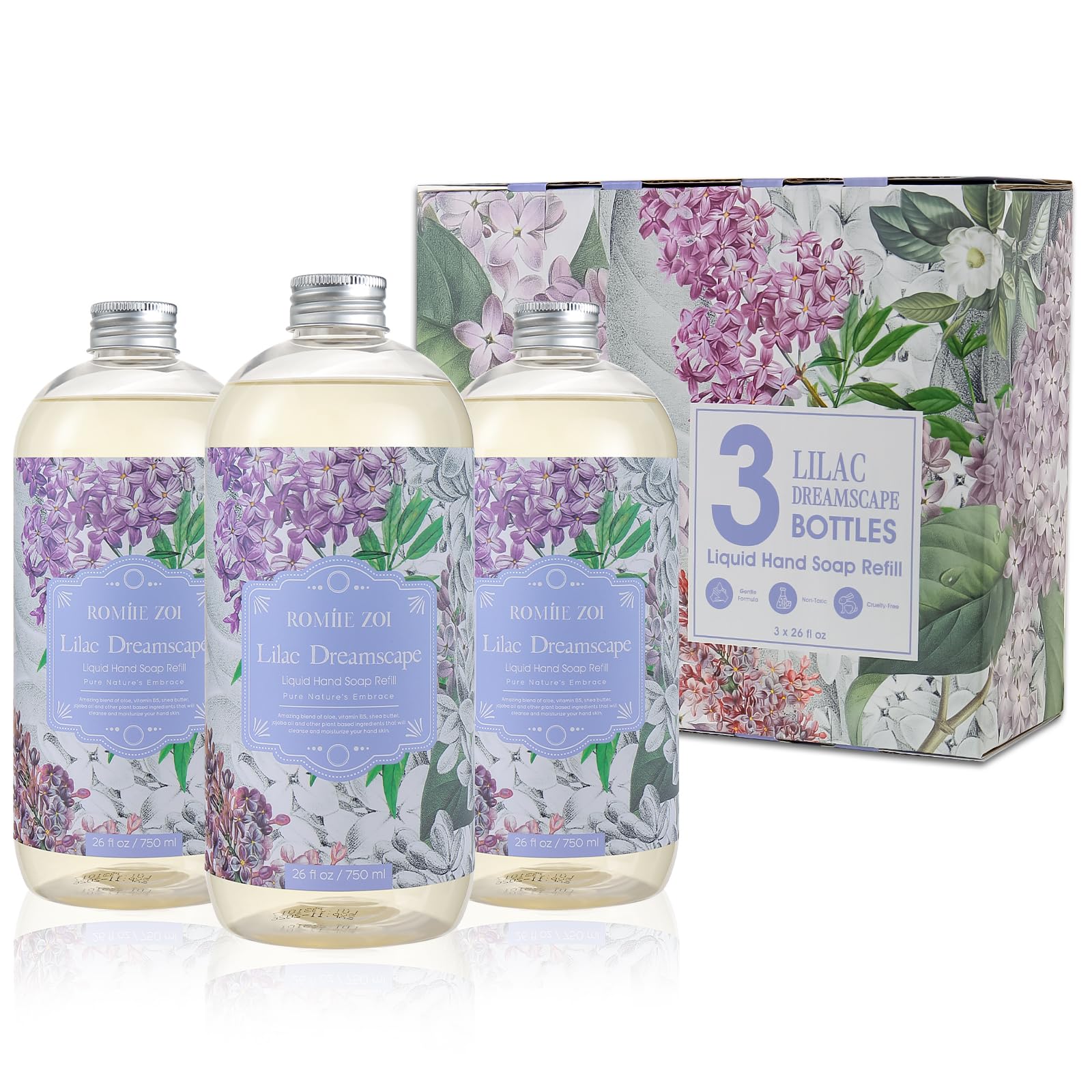 ROMIIE ZOI liquid hand soap refill three-pack bottles for long lasting use.