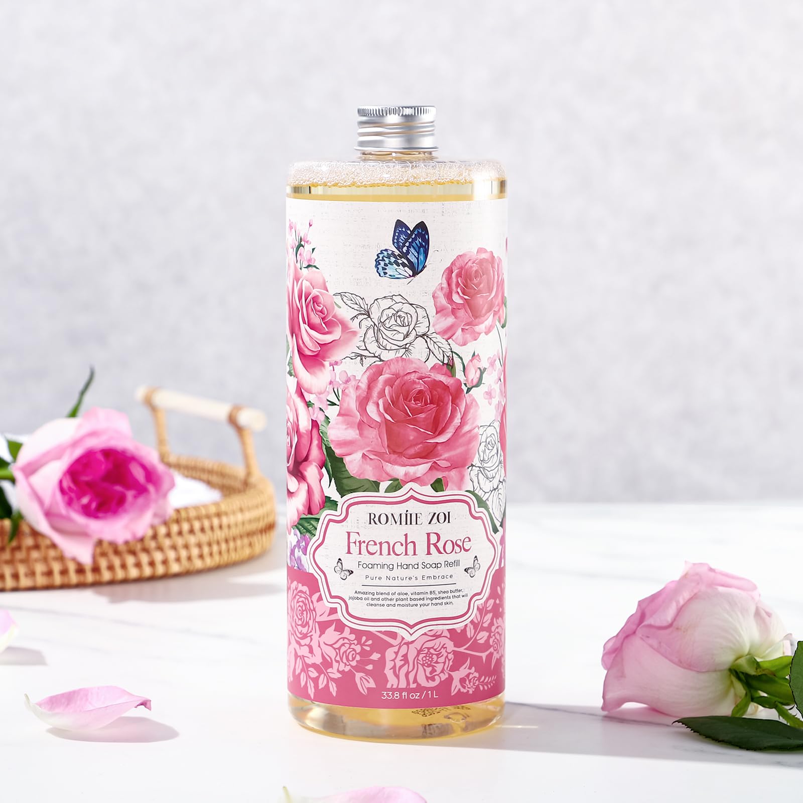 ROMIIE ZOI foaming hand soap in bathroom setting with rose aroma