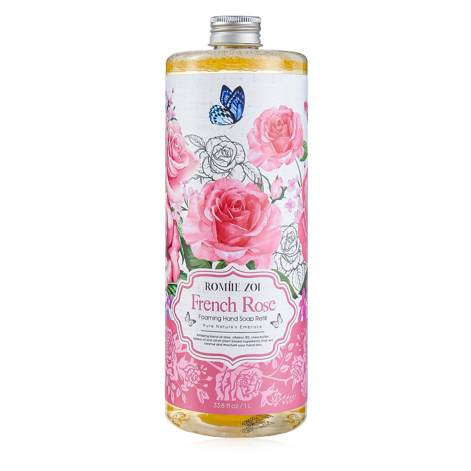 ROMIIE ZOI rose foaming hand soap refill bottle highlighting its large 1 L size