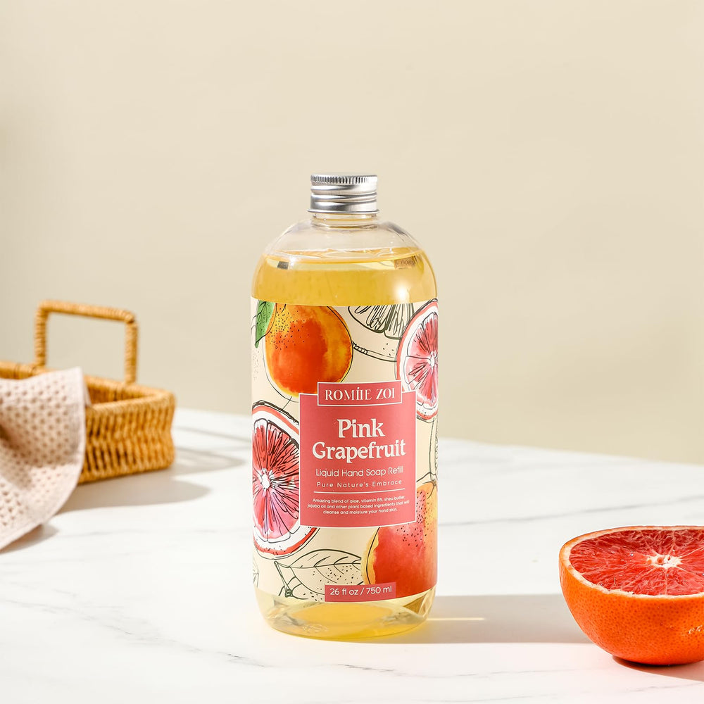 Pink grapefruit fragrance enhances mood during ROMIIE ZOI hand washing.
