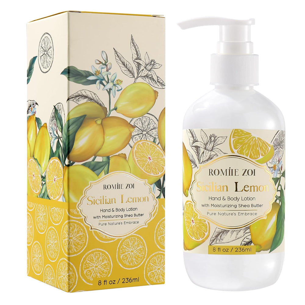 ROMIIE ZOI lotion bottle close-up shows Sicilian Lemon for light hydration