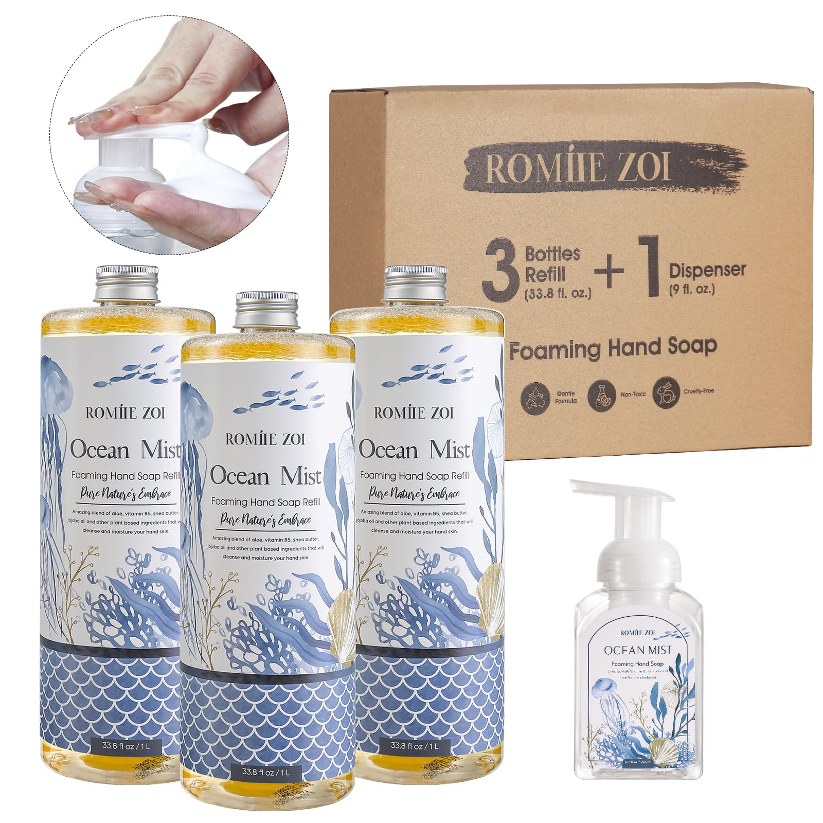 ROMIIE ZOI Ocean Mist foaming hand soap refill delivering long-lasting clean and moisture.
