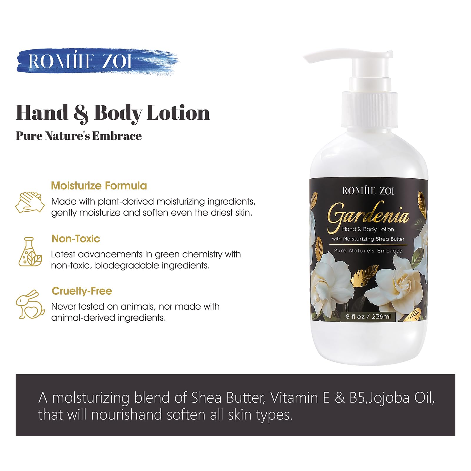 ROMIIE ZOI lotion ingredients featuring shea butter and jojoba oil nourish skin.