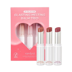 rom&nd Glasting Melting Balm Trio Pack delivers a dewy, non-sticky lip glow.