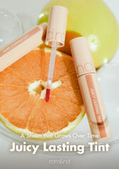 rom&nd Juicy Lasting Tint texture close-up highlights a glossy, non-sticky finish.