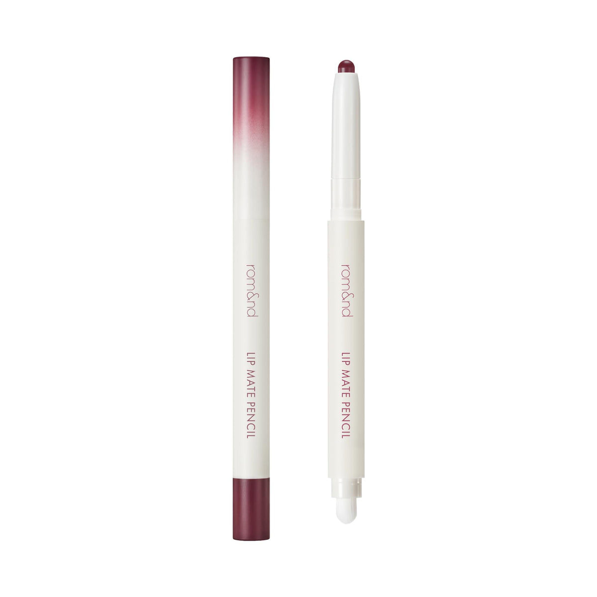 rom&nd Lip Mate Pencil 09 Plum Burgundy closeup highlights precise tip for clean contours.