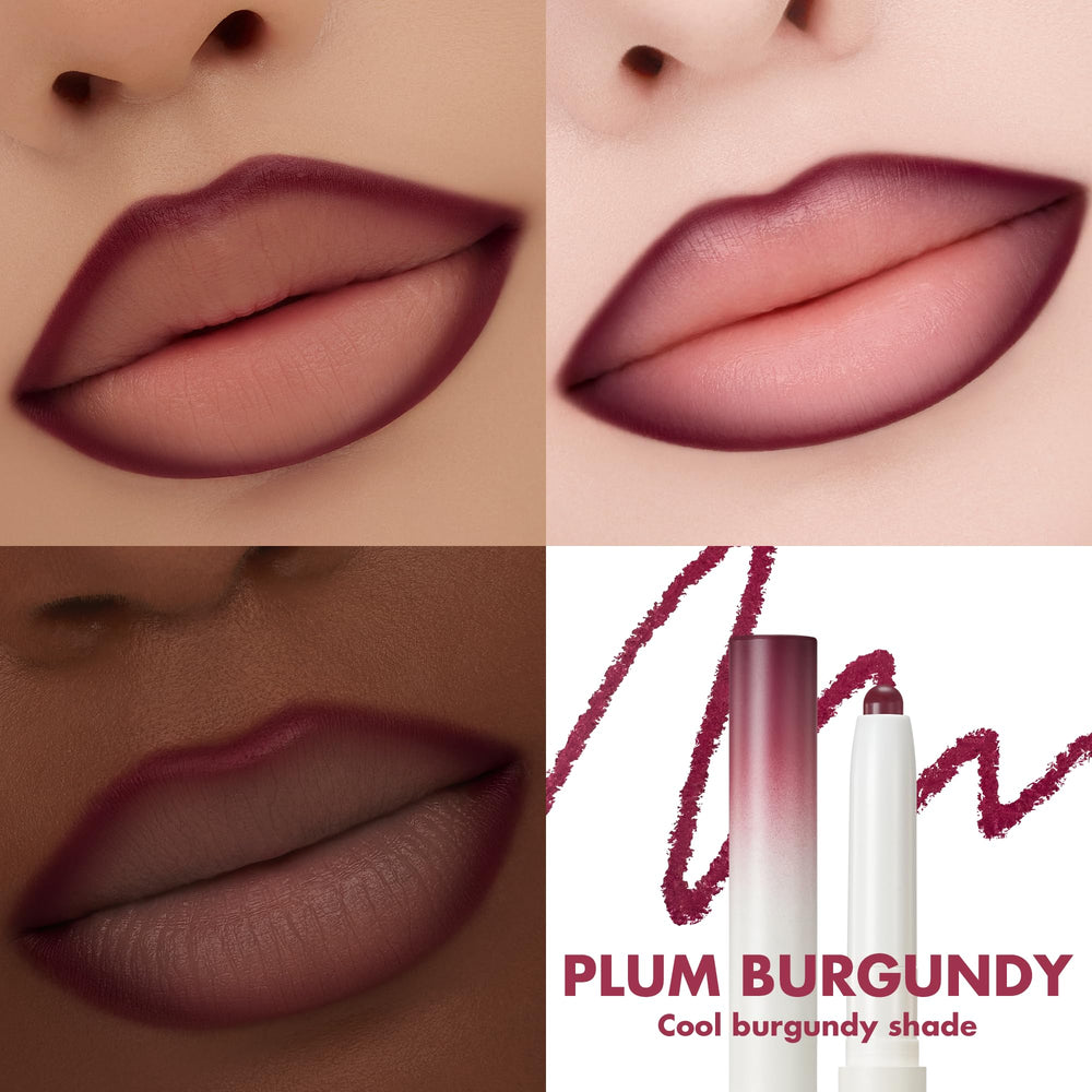 rom&nd Lip Mate Pencil 09 Plum Burgundy tip application demonstrates defined lip line.