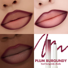 rom&nd Lip Mate Pencil 09 Plum Burgundy tip application demonstrates defined lip line.