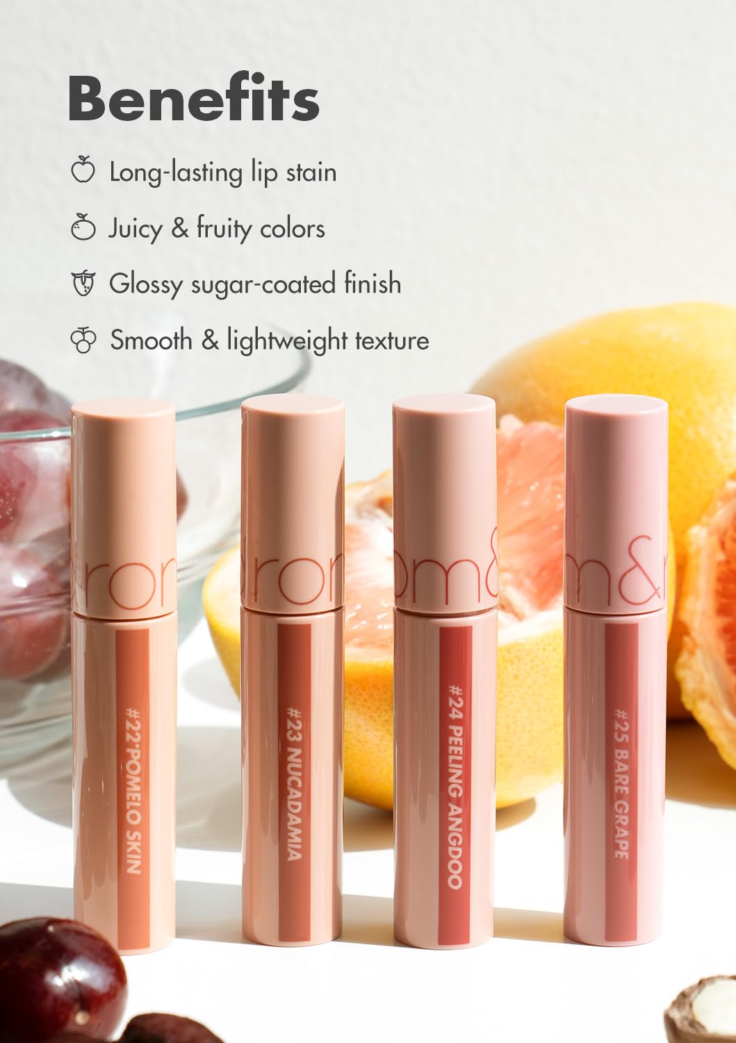 rom&nd Juicy Lasting Tint buildable color with long-wear glossy finish.
