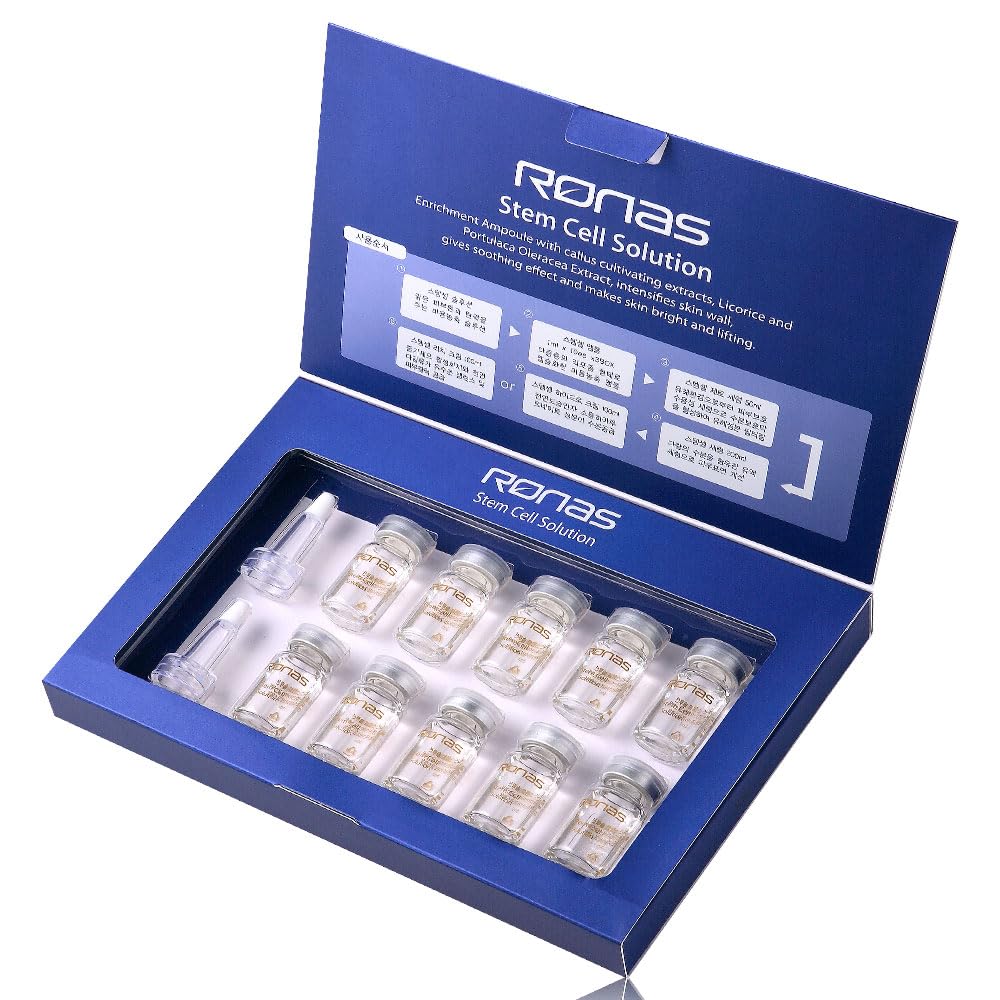 Ronas Stem Cell Solution ampoules packaging highlights compact, travel-friendly anti-aging care.
